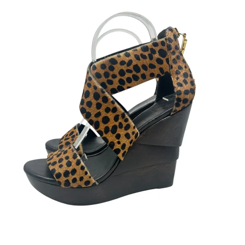 Diane von Furstenberg Opal Wedge Sandals Leopard Leather Calf Hair Brown‎ Size 8